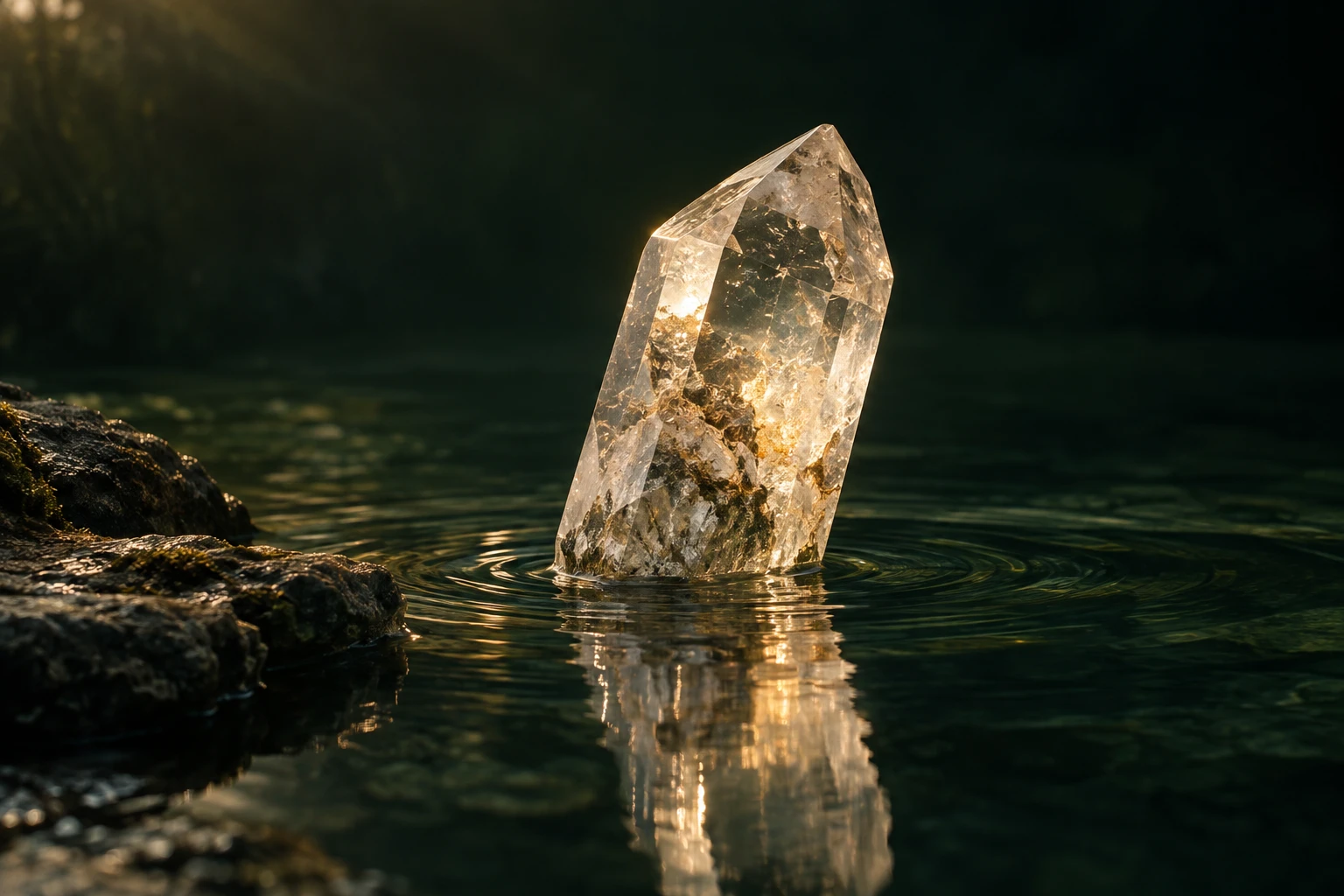 A crystal catching warm light on water
